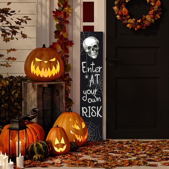 36" Black & White Enter at Your Own Risk Wood Halloween Wall Sign